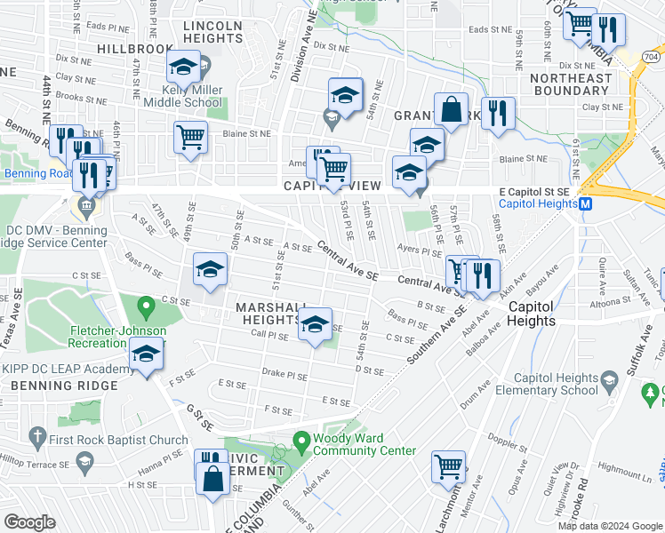 map of restaurants, bars, coffee shops, grocery stores, and more near 116 53rd Street Southeast in Washington