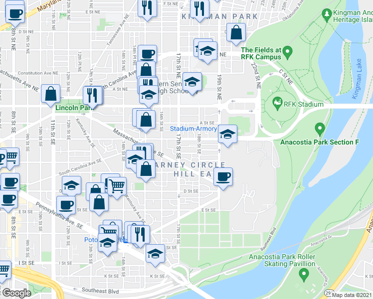 map of restaurants, bars, coffee shops, grocery stores, and more near 1714 Bay Street Southeast in Washington