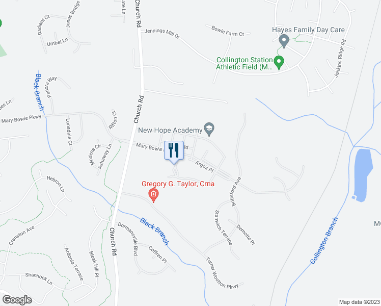 map of restaurants, bars, coffee shops, grocery stores, and more near 14800 Mary Bowie Parkway in Upper Marlboro