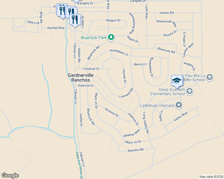map of restaurants, bars, coffee shops, grocery stores, and more near 1344 Leonard Road in Gardnerville