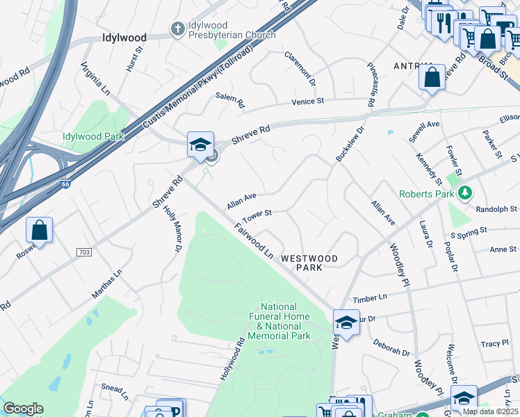 map of restaurants, bars, coffee shops, grocery stores, and more near 7428 Tower Street in Falls Church