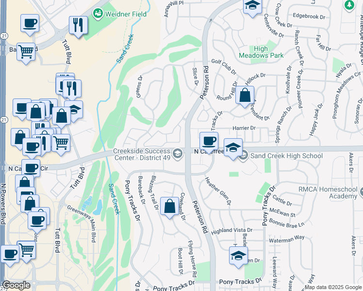 map of restaurants, bars, coffee shops, grocery stores, and more near 3731 Riviera Grove in Colorado Springs