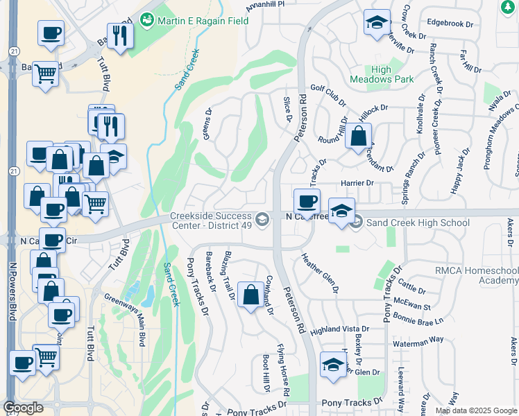 map of restaurants, bars, coffee shops, grocery stores, and more near 3731 Riviera Grove in Colorado Springs
