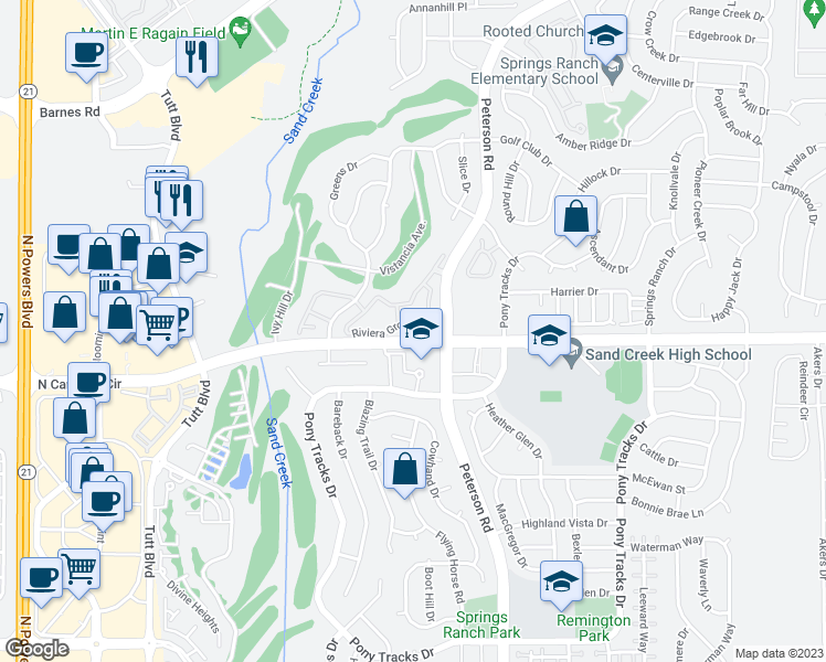 map of restaurants, bars, coffee shops, grocery stores, and more near 3731 Riviera Grove in Colorado Springs