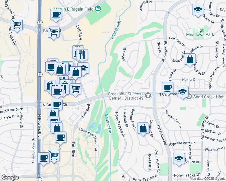 map of restaurants, bars, coffee shops, grocery stores, and more near 6584 Range Overlook Heights in Colorado Springs