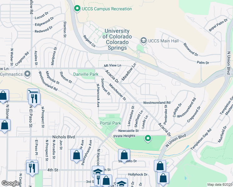 map of restaurants, bars, coffee shops, grocery stores, and more near 1319 Acacia Drive in Colorado Springs