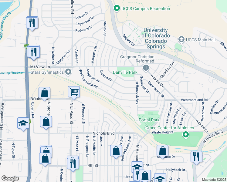 map of restaurants, bars, coffee shops, grocery stores, and more near 1143 Stanton Street in Colorado Springs