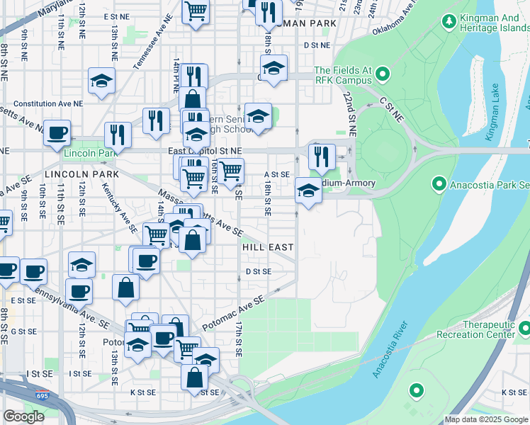 map of restaurants, bars, coffee shops, grocery stores, and more near 101 Independence Avenue Southeast in Washington