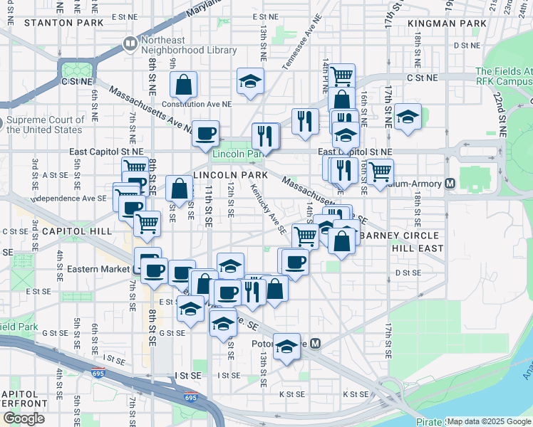 map of restaurants, bars, coffee shops, grocery stores, and more near 101 Independence Avenue Southeast in Washington