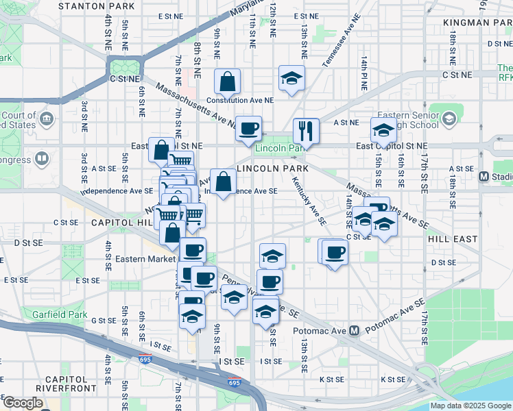map of restaurants, bars, coffee shops, grocery stores, and more near 101 Independence Avenue Southeast in Washington