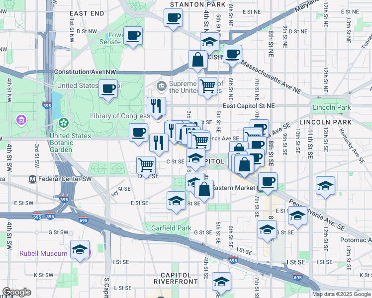 map of restaurants, bars, coffee shops, grocery stores, and more near 101 Independence Avenue Southeast in Washington