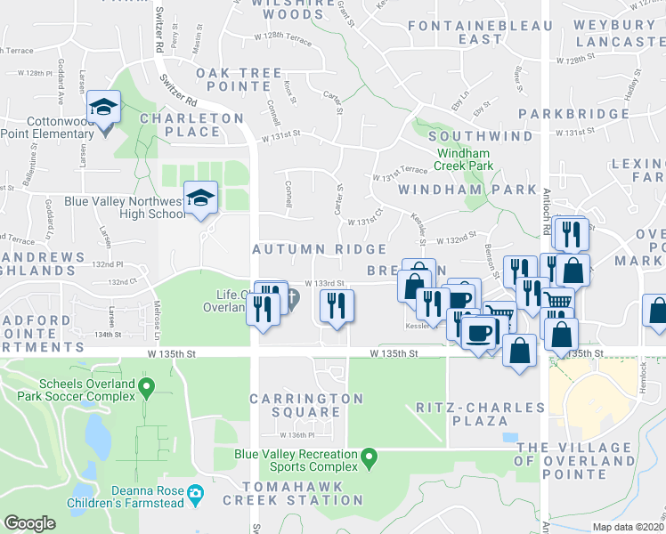 map of restaurants, bars, coffee shops, grocery stores, and more near 13220 Carter Street in Overland Park