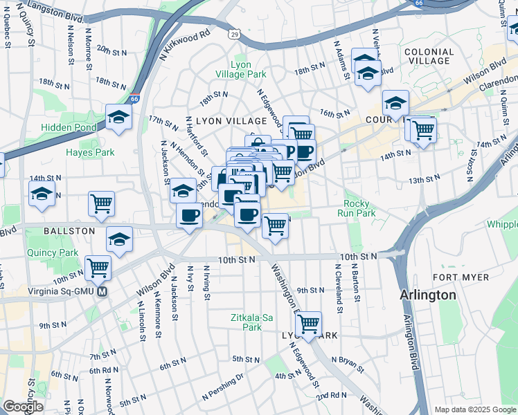 map of restaurants, bars, coffee shops, grocery stores, and more near 1205 North Garfield Street in Arlington
