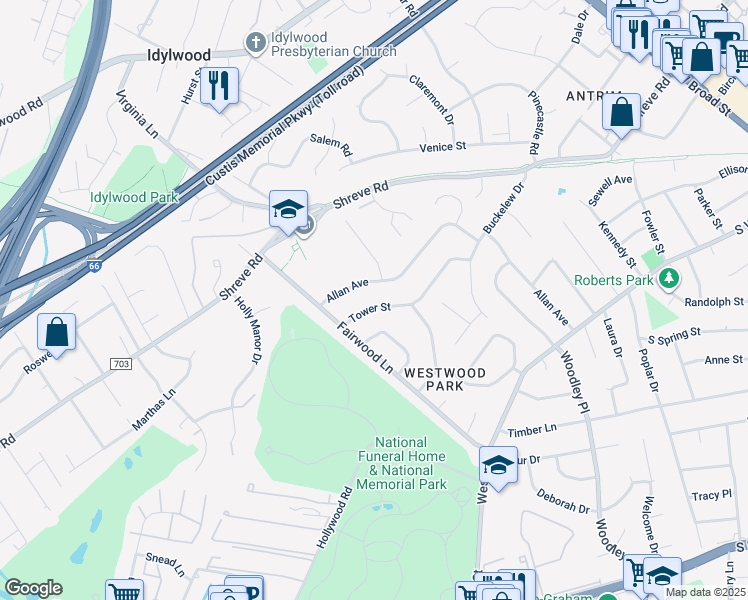 map of restaurants, bars, coffee shops, grocery stores, and more near 7428 Tower Street in Falls Church