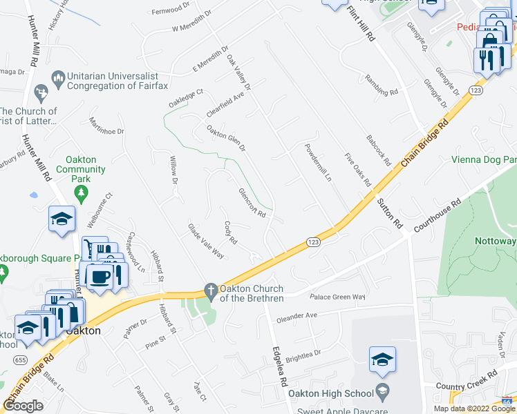map of restaurants, bars, coffee shops, grocery stores, and more near 2720 Glencroft Road in Vienna