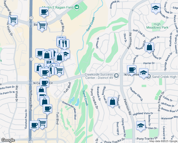map of restaurants, bars, coffee shops, grocery stores, and more near 6584 Range Overlook Heights in Colorado Springs