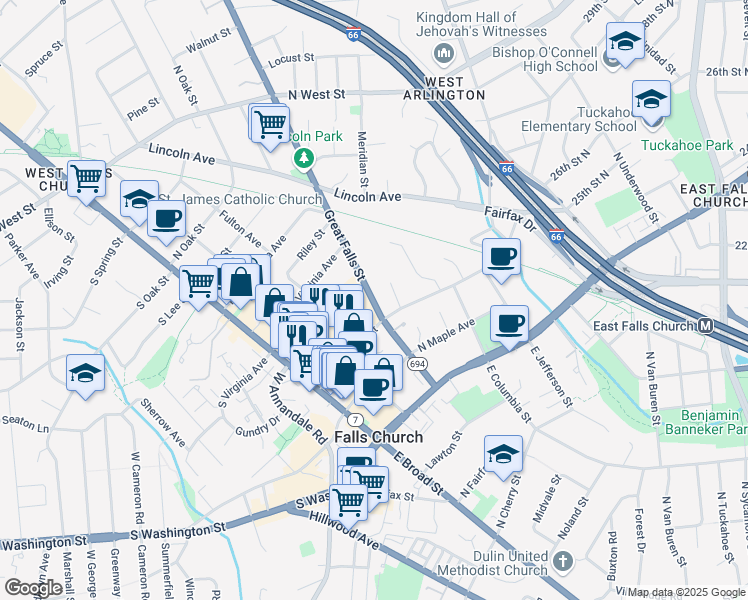 map of restaurants, bars, coffee shops, grocery stores, and more near 304 Great Falls Street in Falls Church
