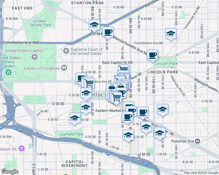 map of restaurants, bars, coffee shops, grocery stores, and more near 606 North Carolina Avenue Southeast in Washington