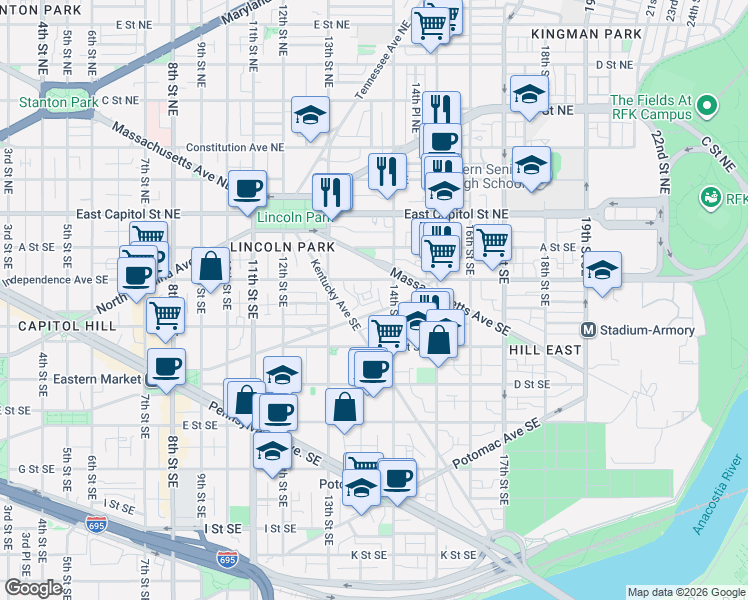 map of restaurants, bars, coffee shops, grocery stores, and more near 101 Independence Avenue Southeast in Washington