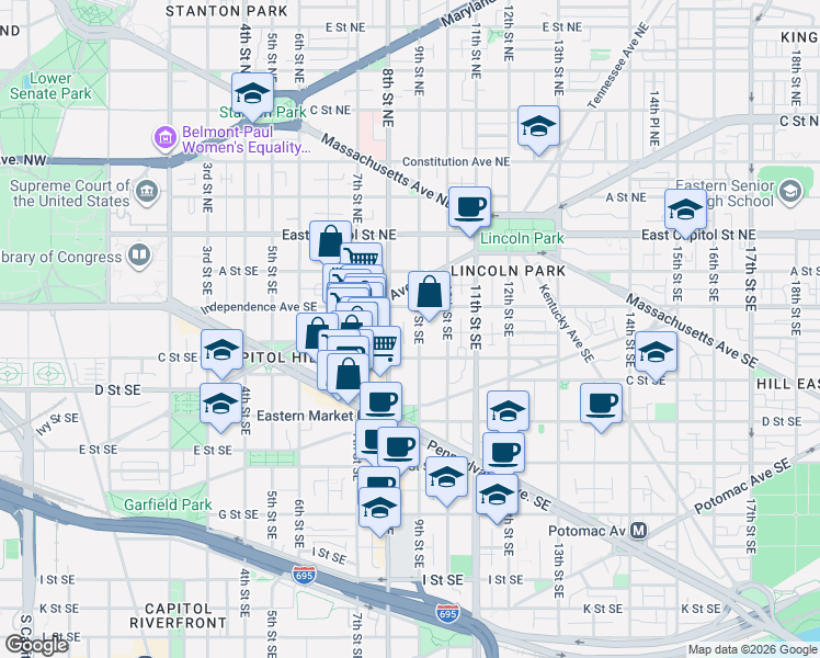 map of restaurants, bars, coffee shops, grocery stores, and more near 101 Independence Avenue Southeast in Washington