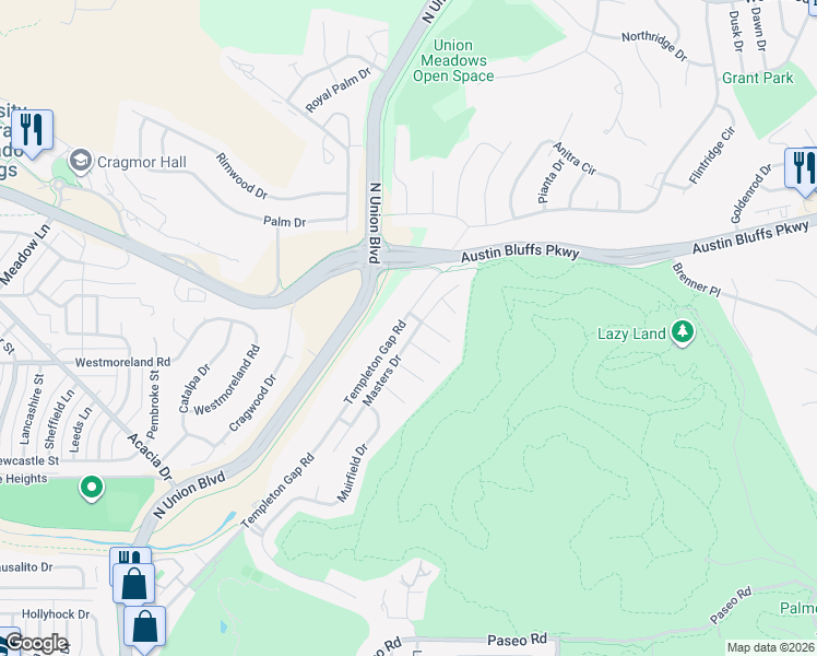 map of restaurants, bars, coffee shops, grocery stores, and more near 3730 Masters Drive in Colorado Springs