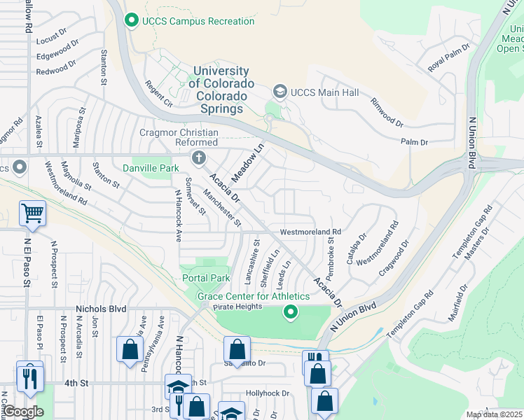 map of restaurants, bars, coffee shops, grocery stores, and more near 1424 Acacia Drive in Colorado Springs