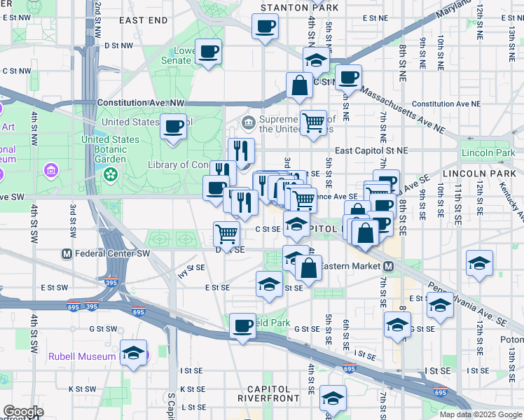 map of restaurants, bars, coffee shops, grocery stores, and more near 101 Independence Avenue Southeast in Washington