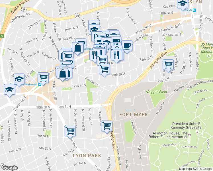 map of restaurants, bars, coffee shops, grocery stores, and more near 2221 12th Court North in Arlington
