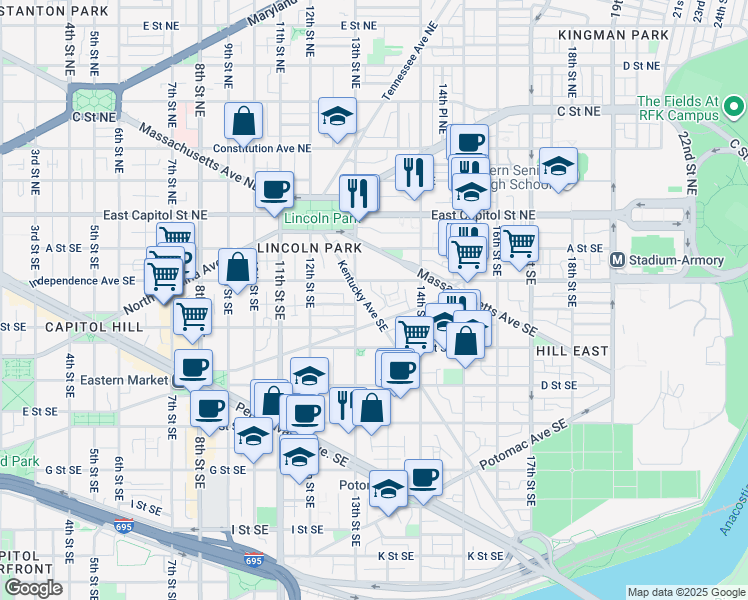 map of restaurants, bars, coffee shops, grocery stores, and more near 226 Kentucky Avenue Southeast in Washington
