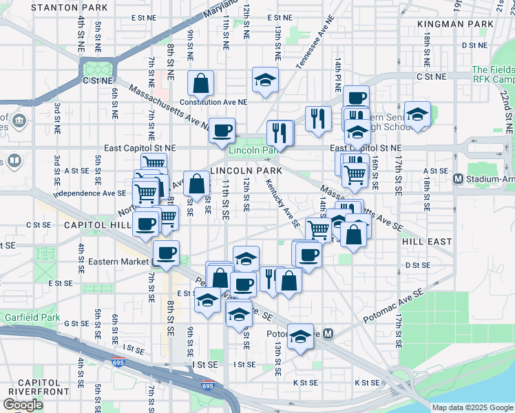 map of restaurants, bars, coffee shops, grocery stores, and more near 1208 Walter Street Southeast in Washington
