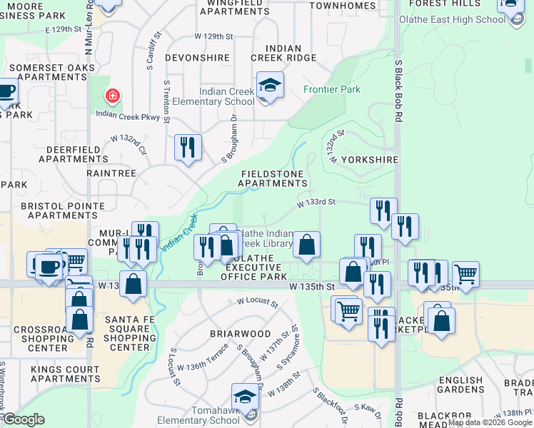 map of restaurants, bars, coffee shops, grocery stores, and more near 15528 West 133rd Street in Olathe