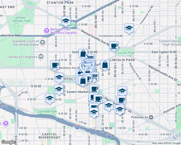 map of restaurants, bars, coffee shops, grocery stores, and more near 101 Independence Avenue Southeast in Washington