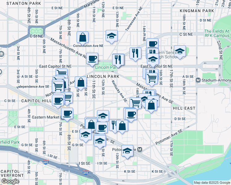 map of restaurants, bars, coffee shops, grocery stores, and more near 101 Independence Avenue Southeast in Washington