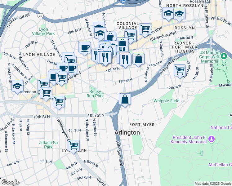 map of restaurants, bars, coffee shops, grocery stores, and more near 2200 12th Court North in Arlington
