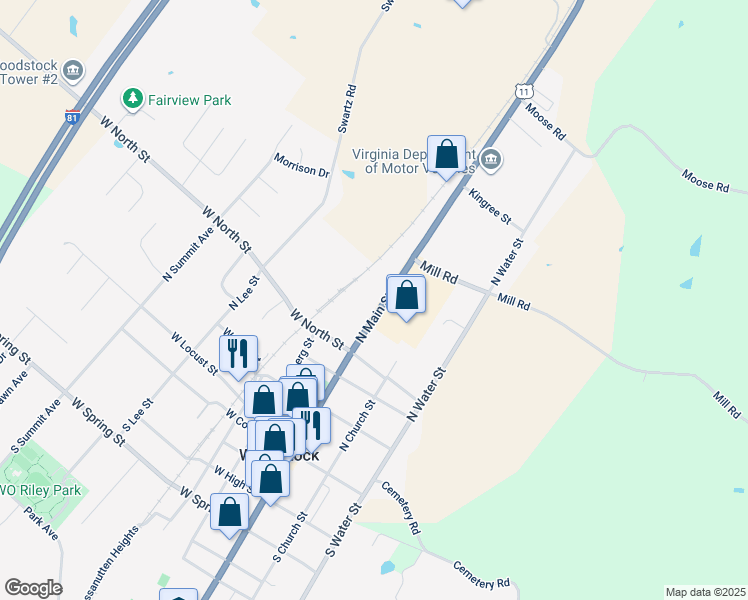 map of restaurants, bars, coffee shops, grocery stores, and more near 467 North Main Street in Woodstock