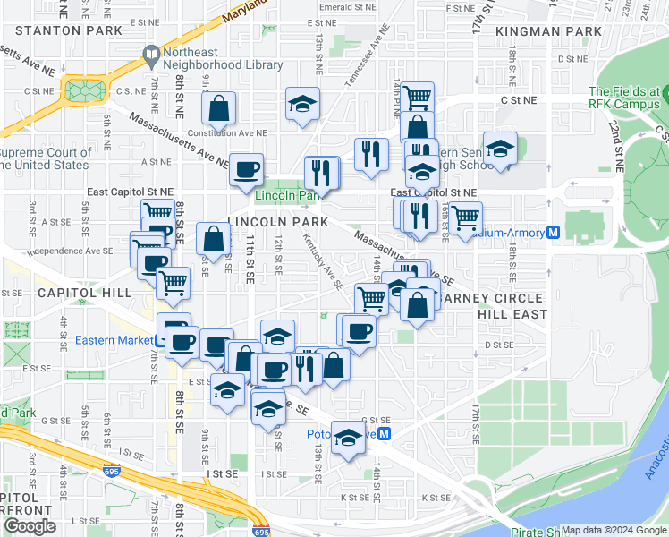 map of restaurants, bars, coffee shops, grocery stores, and more near 226 Kentucky Avenue Southeast in Washington