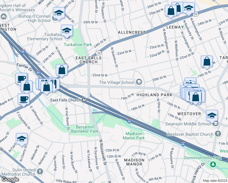 map of restaurants, bars, coffee shops, grocery stores, and more near 6320 Washington Boulevard in Arlington