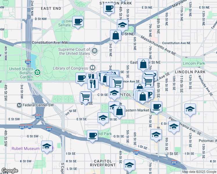 map of restaurants, bars, coffee shops, grocery stores, and more near 237 Pennsylvania Avenue Southeast in Washington