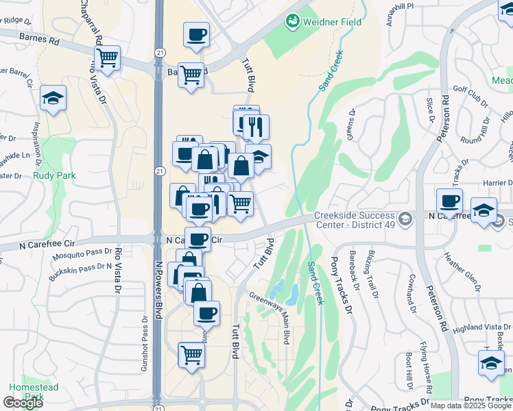 map of restaurants, bars, coffee shops, grocery stores, and more near 3701 Tutt Boulevard in Colorado Springs