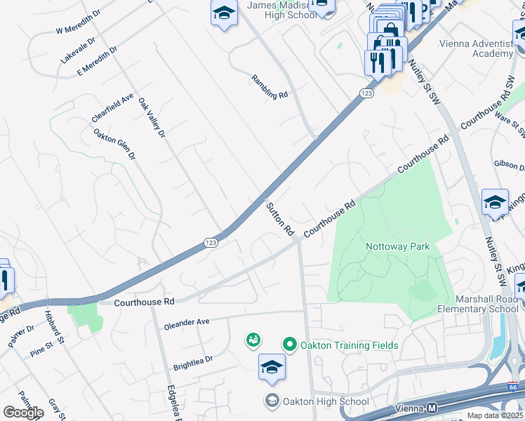 map of restaurants, bars, coffee shops, grocery stores, and more near 2701 Chain Bridge Road in Vienna