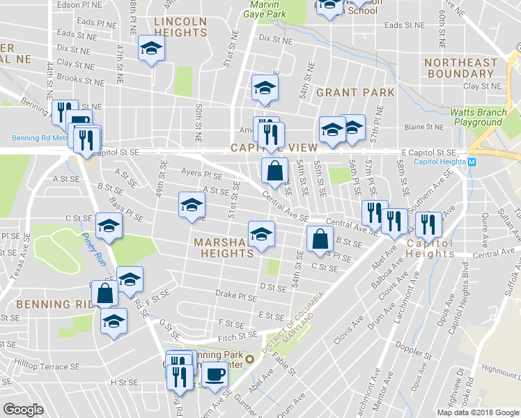 map of restaurants, bars, coffee shops, grocery stores, and more near 5216 Astor Place Southeast in Washington