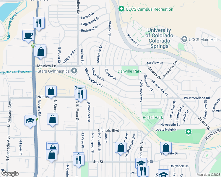 map of restaurants, bars, coffee shops, grocery stores, and more near 1045 Magnolia Street in Colorado Springs