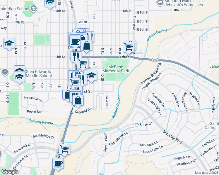 map of restaurants, bars, coffee shops, grocery stores, and more near 202 1st Street in Lincoln