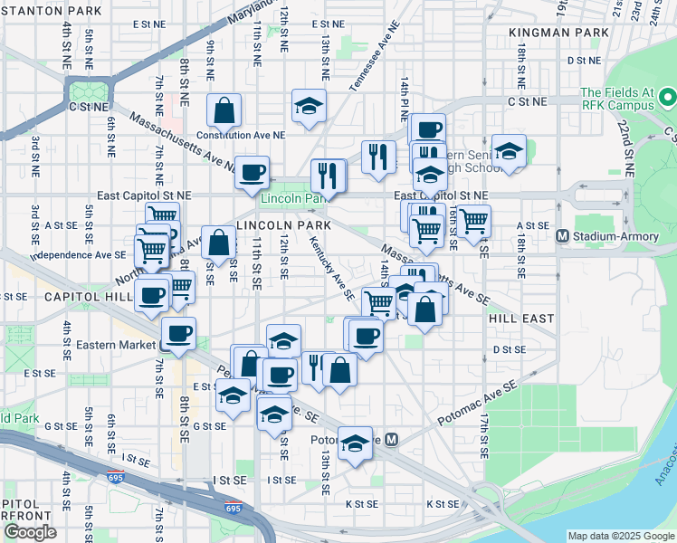 map of restaurants, bars, coffee shops, grocery stores, and more near 101 Independence Avenue Southeast in Washington