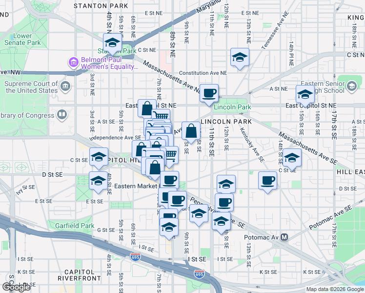 map of restaurants, bars, coffee shops, grocery stores, and more near 101 Independence Avenue Southeast in Washington