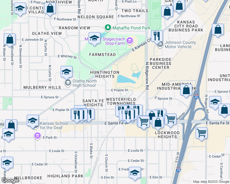 map of restaurants, bars, coffee shops, grocery stores, and more near 1047 East Prairie Street in Olathe