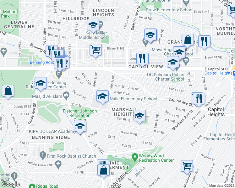 map of restaurants, bars, coffee shops, grocery stores, and more near 5019 Astor Place Southeast in Washington