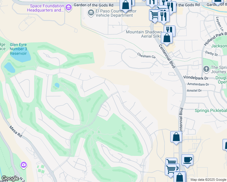 map of restaurants, bars, coffee shops, grocery stores, and more near 3925 Elisa Court in Colorado Springs