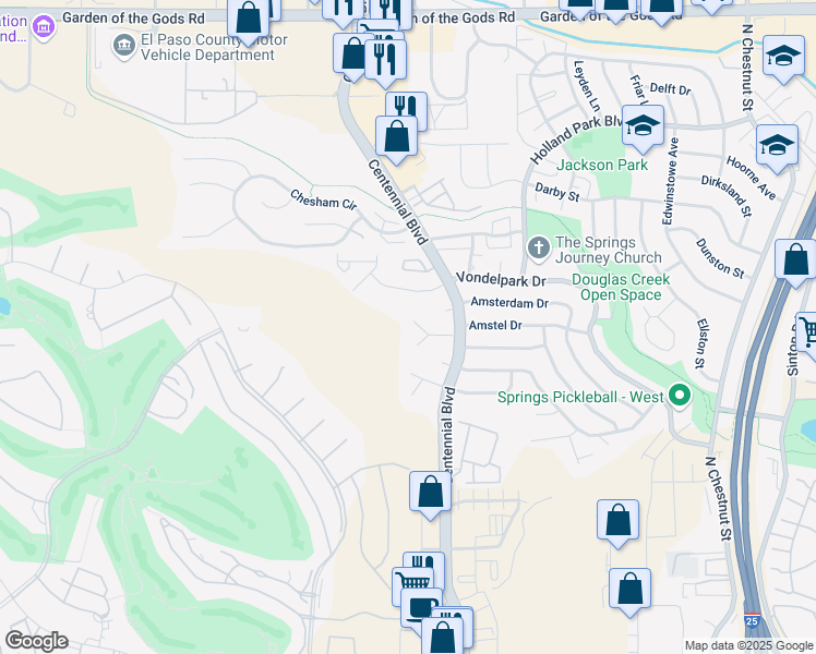 map of restaurants, bars, coffee shops, grocery stores, and more near 1365 Amstel Drive in Colorado Springs