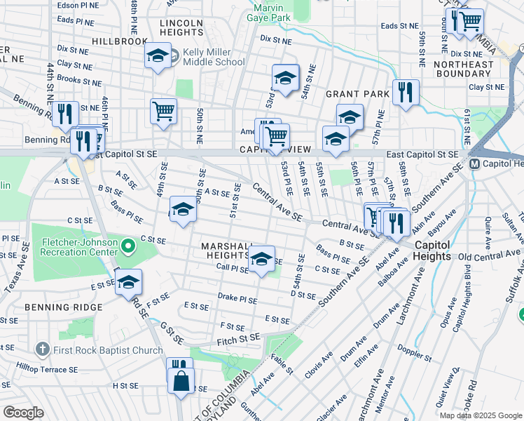 map of restaurants, bars, coffee shops, grocery stores, and more near 5216 Astor Place Southeast in Washington
